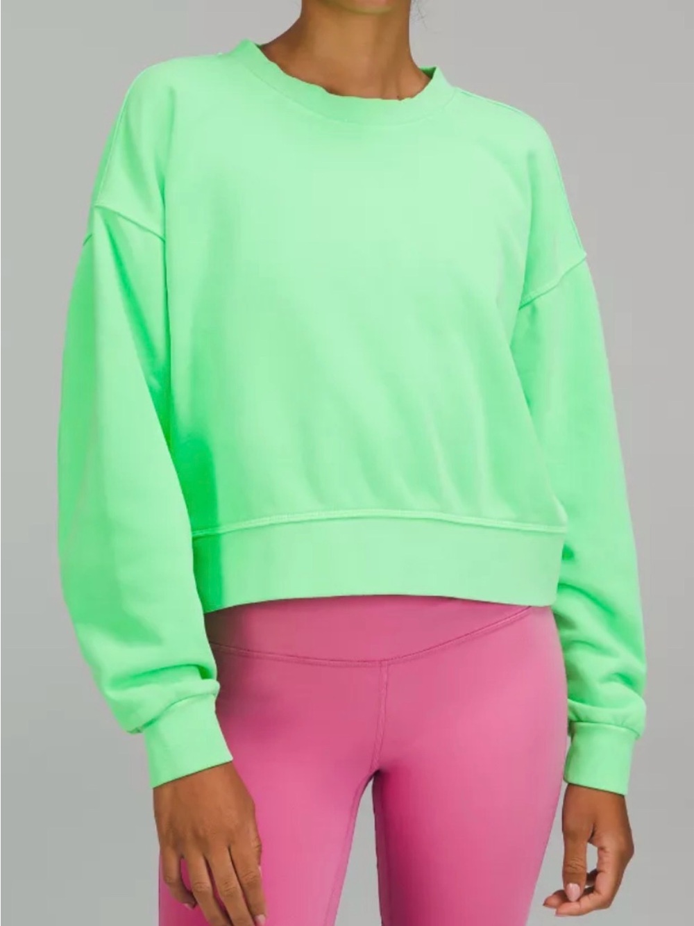 Lululemon Perfectly Oversized Cropped Crew in a vibrant "Scream Green Light"